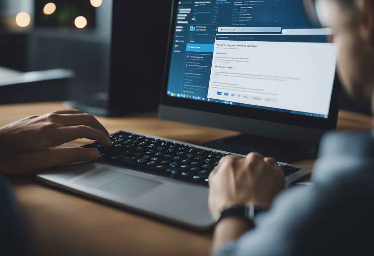 Uma pessoa sentada em um computador, digitando no teclado com uma expressão determinada, enquanto o site do PayPal está aberto na tela.