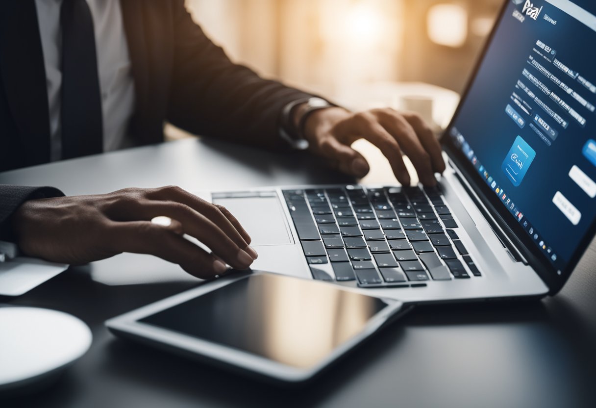 Uma pessoa usando um laptop, com um navegador aberto na página do PayPal, procurando informações da conta