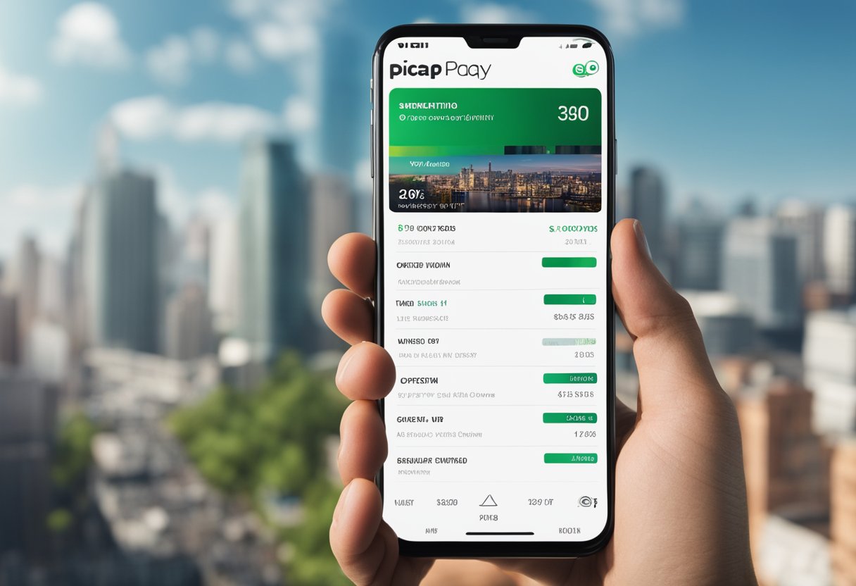 Um smartphone com o aplicativo PicPay aberto, mostrando a seção de detalhes da conta com o número da conta visível.