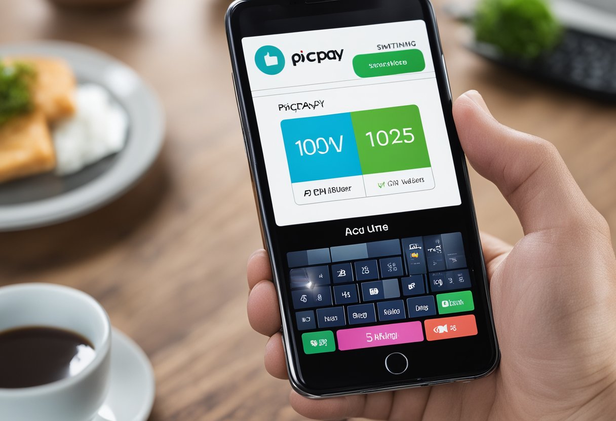 Um smartphone exibindo a página inicial do aplicativo PicPay, com o usuário navegando pelo menu de configurações para encontrar seu número de conta