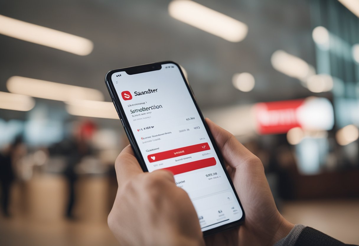 Uma pessoa usando um smartphone, com o aplicativo do Santander aberto e navegando pelas informações da conta.