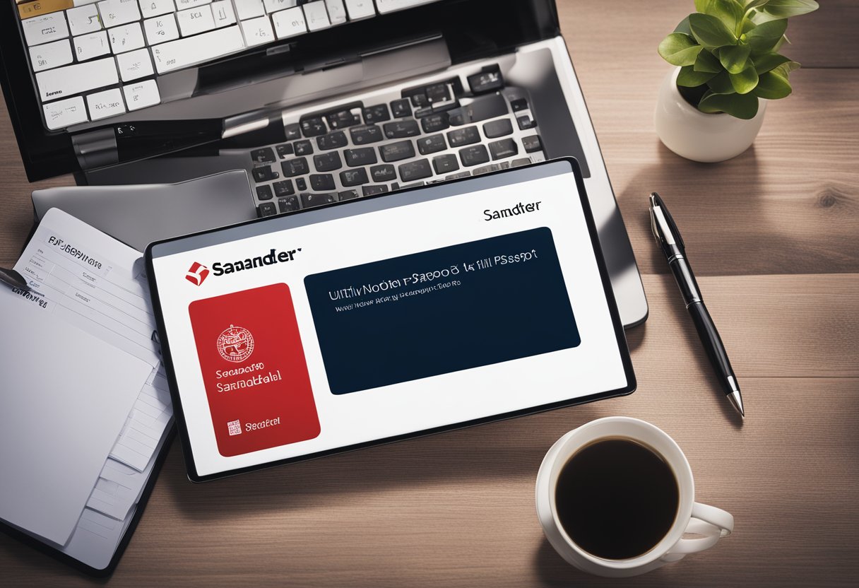 Uma mesa com um laptop exibindo o site do Santander, um passaporte e uma conta de serviços públicos, com uma caneta e um bloco de notas ao lado.