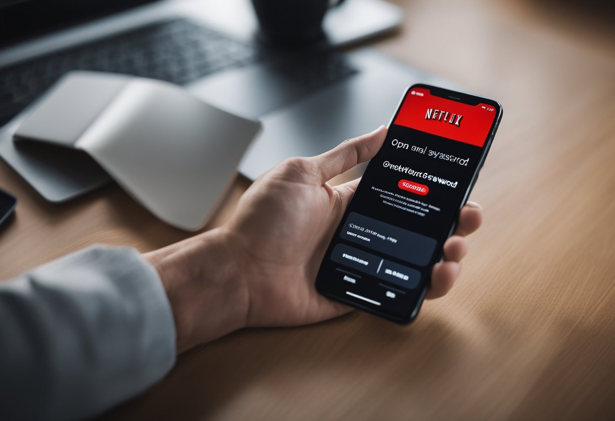 Um smartphone com o aplicativo da Netflix aberto, exibindo a tela de login com um campo para inserir a senha