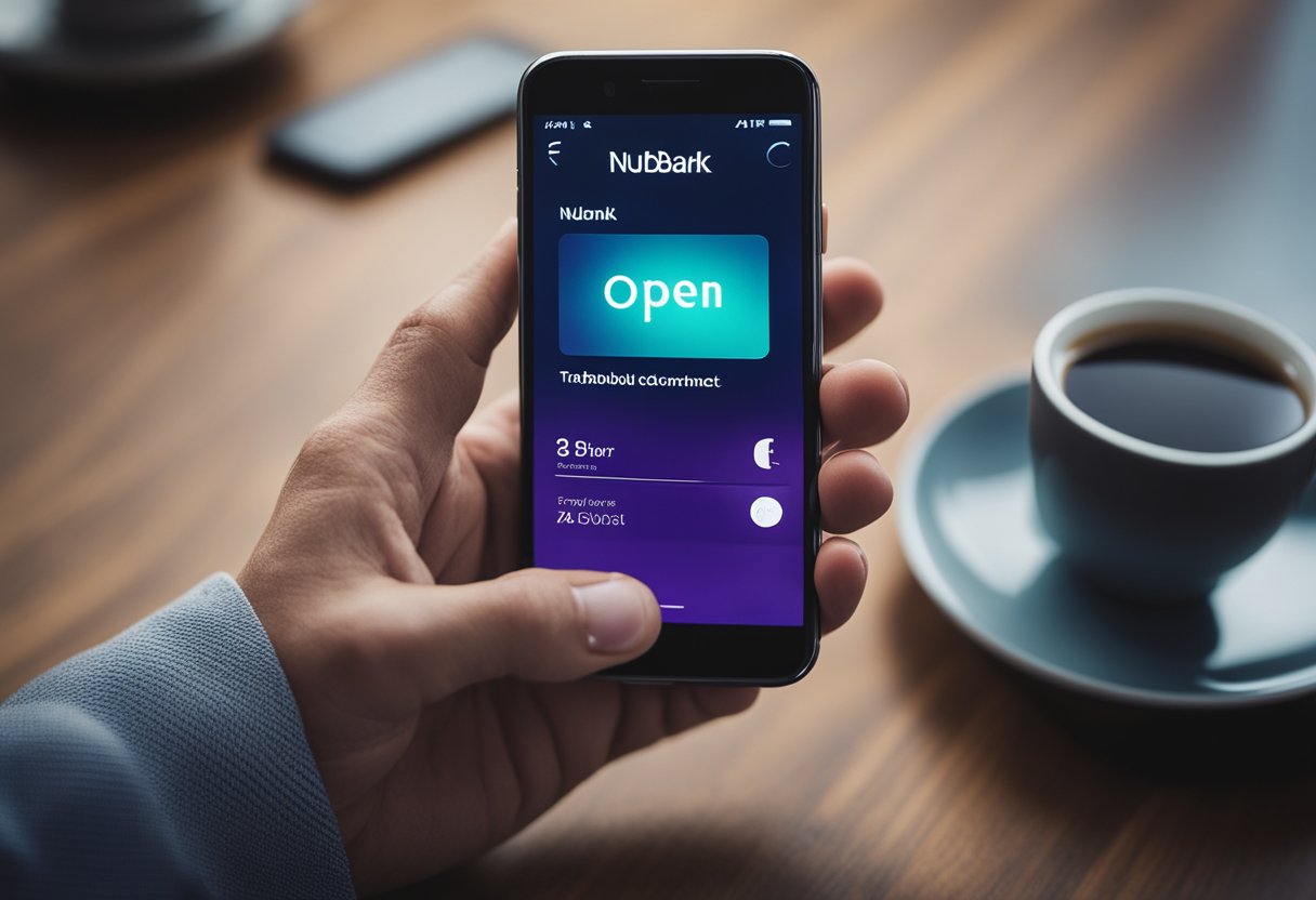 Uma mão alcançando um smartphone com o aplicativo do Nubank aberto, tocando o botão "desconectar" com uma expressão determinada.