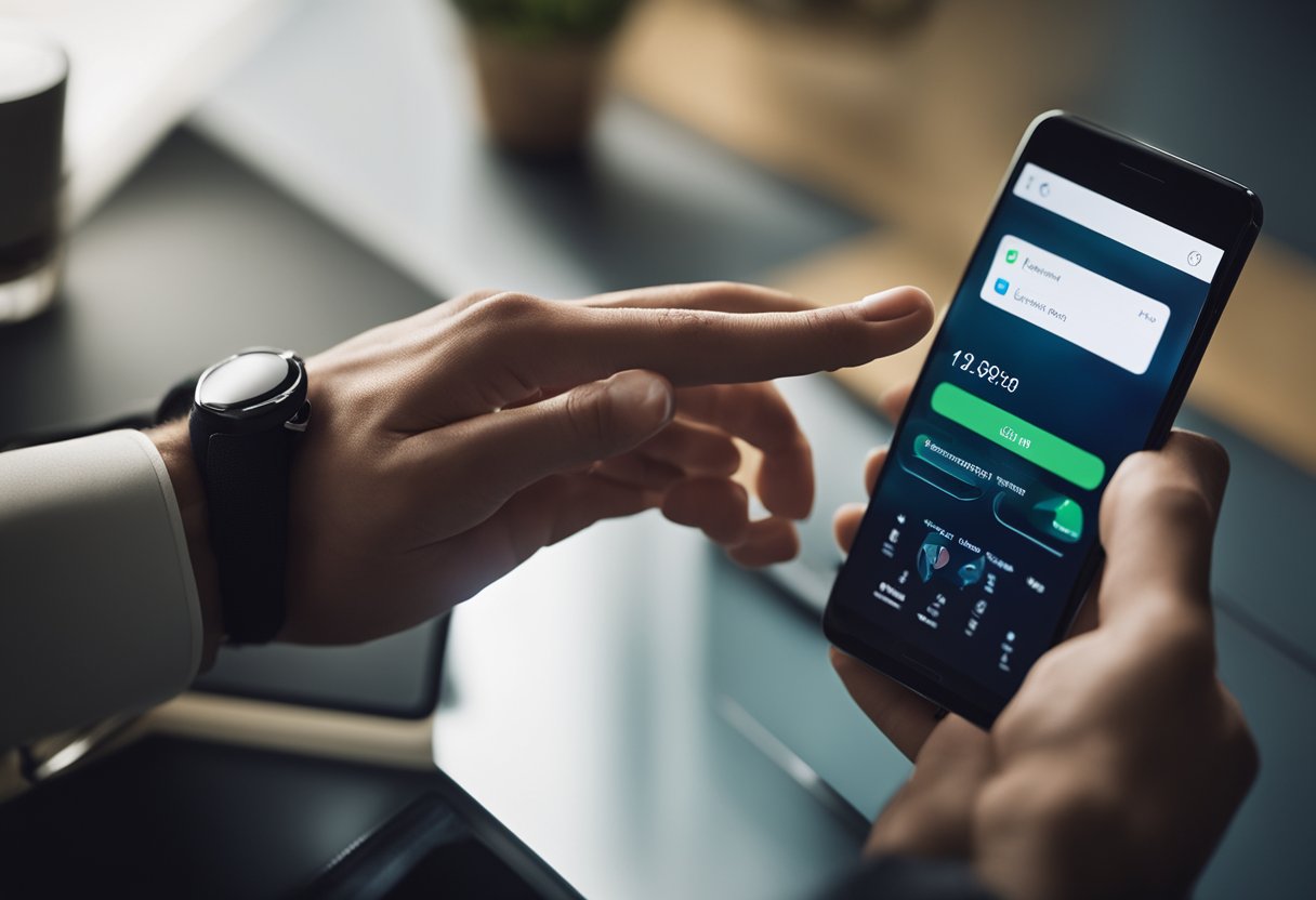 Uma mão alcançando um smartphone com o aplicativo do Nubank aberto, em seguida, tocando na opção de desconexão, simbolizando a necessidade de desconexão e segurança após um roubo de telefone.
