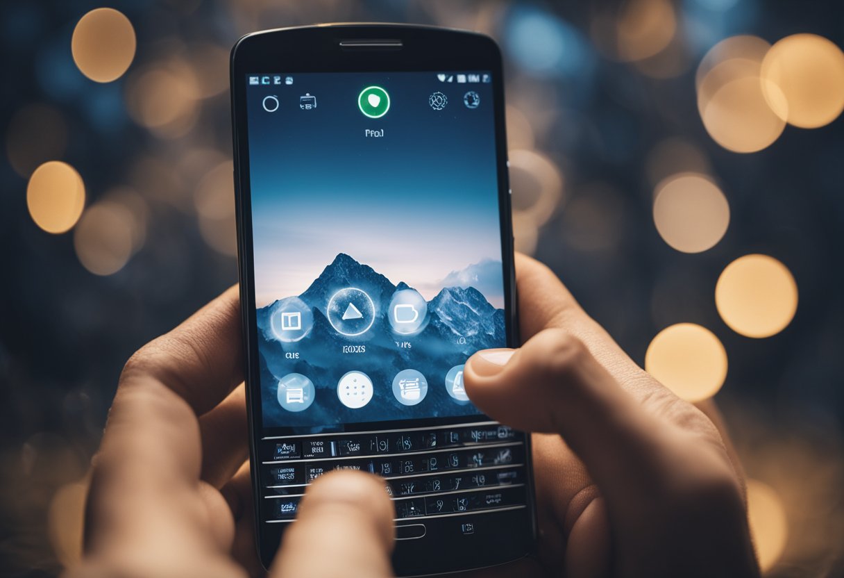 Uma mão alcançando um smartphone com a tela congelada, pressionando e segurando o botão de energia para desligá-lo