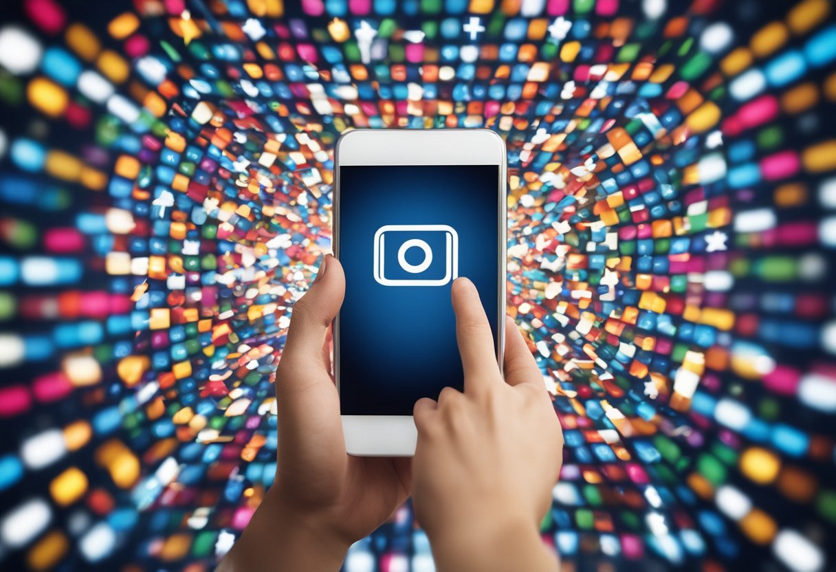 Uma mão se estendendo para separar os logotipos do Instagram e do Facebook, com uma linha clara se formando entre eles