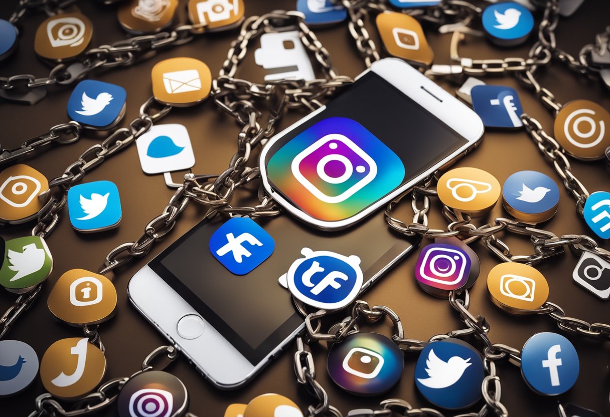 Um smartphone com os ícones do Instagram e Facebook interligados, com uma corrente quebrada simbolizando o processo de desvinculação das duas plataformas.