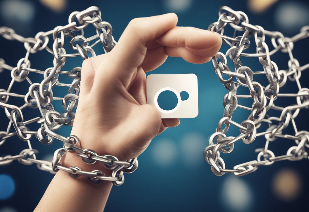 Uma mão se estendendo para separar dois símbolos de corrente ligados representando Instagram e Facebook