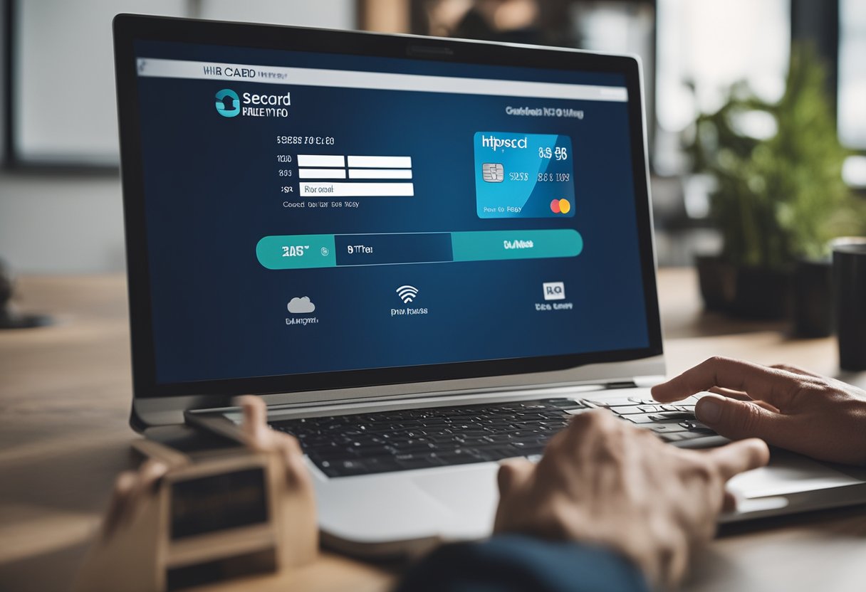 Uma pessoa usando um computador para acessar o site do Hipercard, navegando até a seção "Segunda Via" e imprimindo uma fatura duplicada do cartão de crédito.