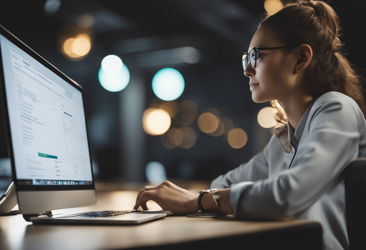 Uma pessoa sentada em uma mesa com um laptop, digitando o endereço da web do Hipercard e navegando pelo site para encontrar a opção de solicitar uma segunda via da sua conta.