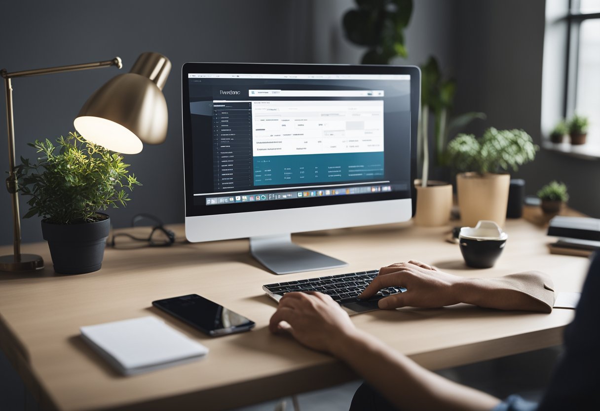 Uma pessoa sentada em uma mesa com um computador, navegando no site da Ituran para solicitar uma fatura duplicada.