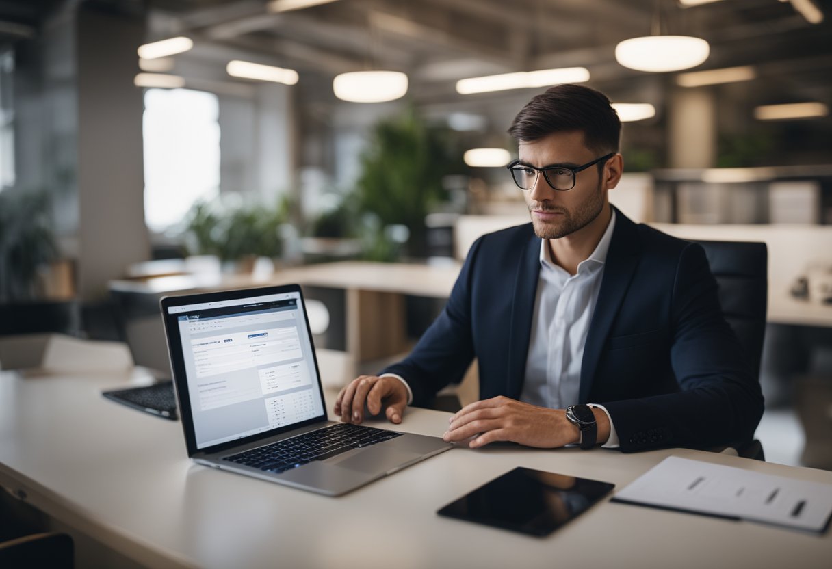 Uma pessoa sentada em uma mesa com um laptop, navegando no site da Ituran para acessar e imprimir uma segunda via da conta.