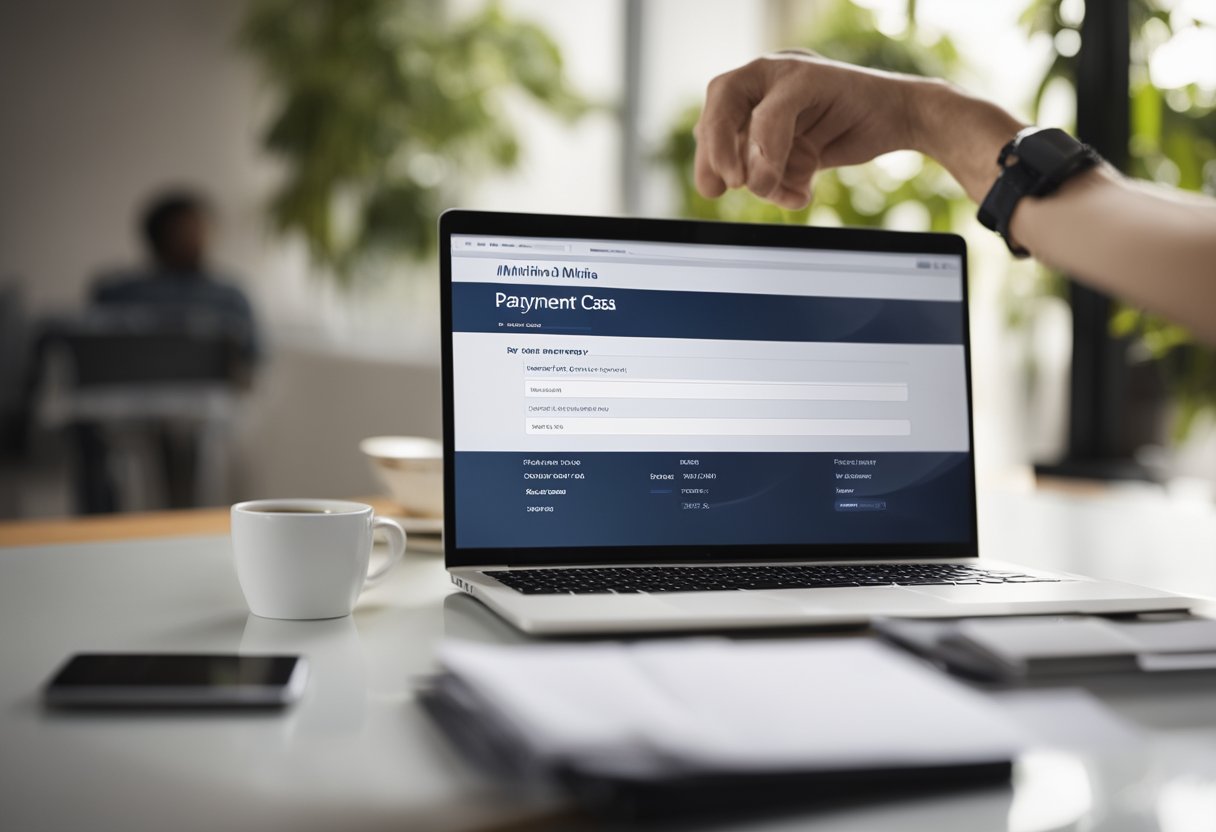 Uma pessoa sentada em uma mesa com um computador, navegando em um site para solicitar uma segunda via do boleto do "Minha Casa Minha Vida".