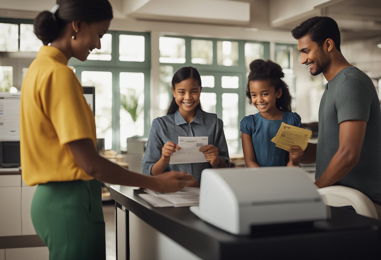 Uma família está em frente a um computador, imprimindo um segundo boleto para o programa "Minha Casa Minha Vida".