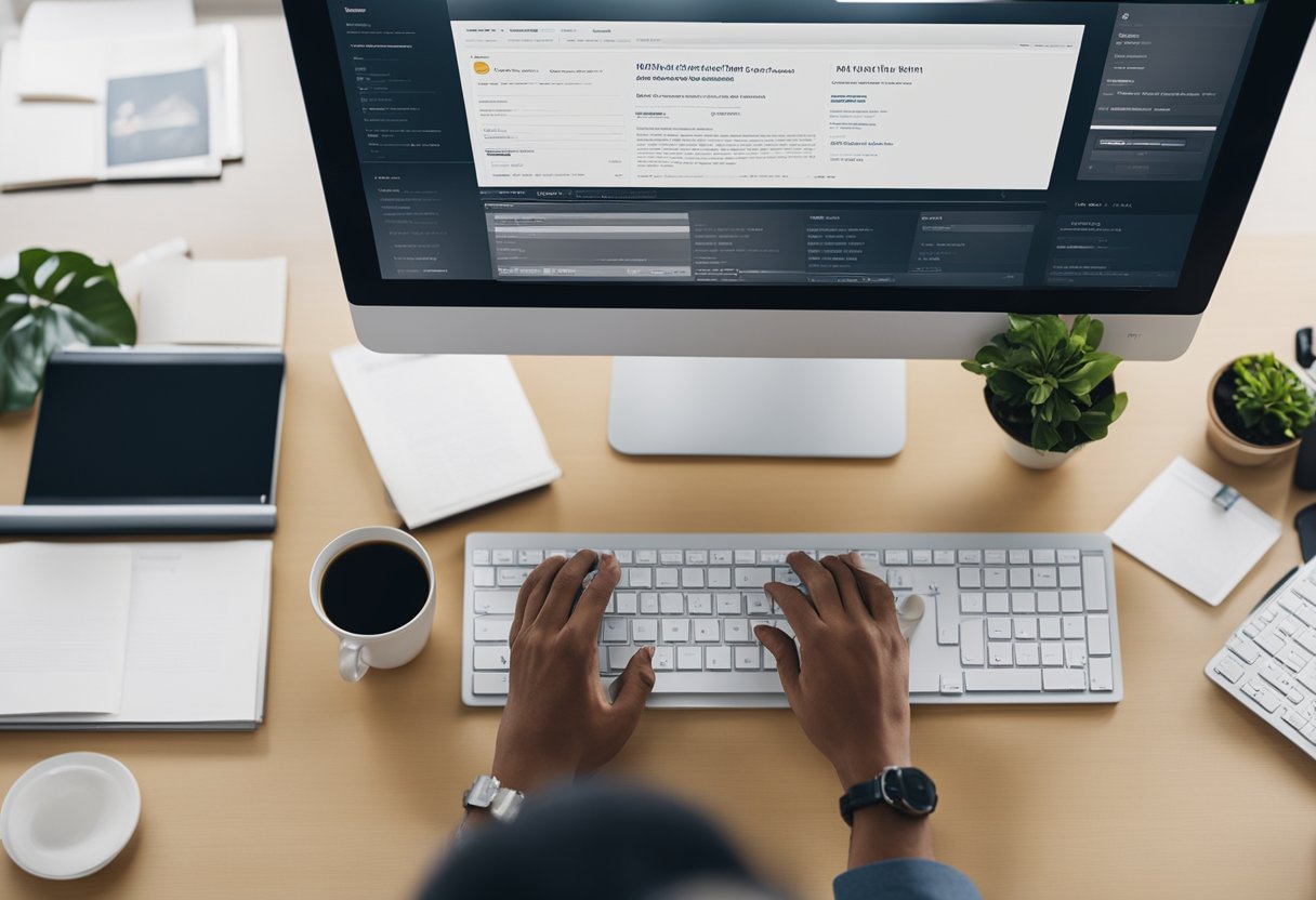 Uma pessoa em uma mesa, usando um computador para acessar um site e preencher um formulário para solicitar uma segunda via de uma conta do programa "Minha Casa Minha Vida".