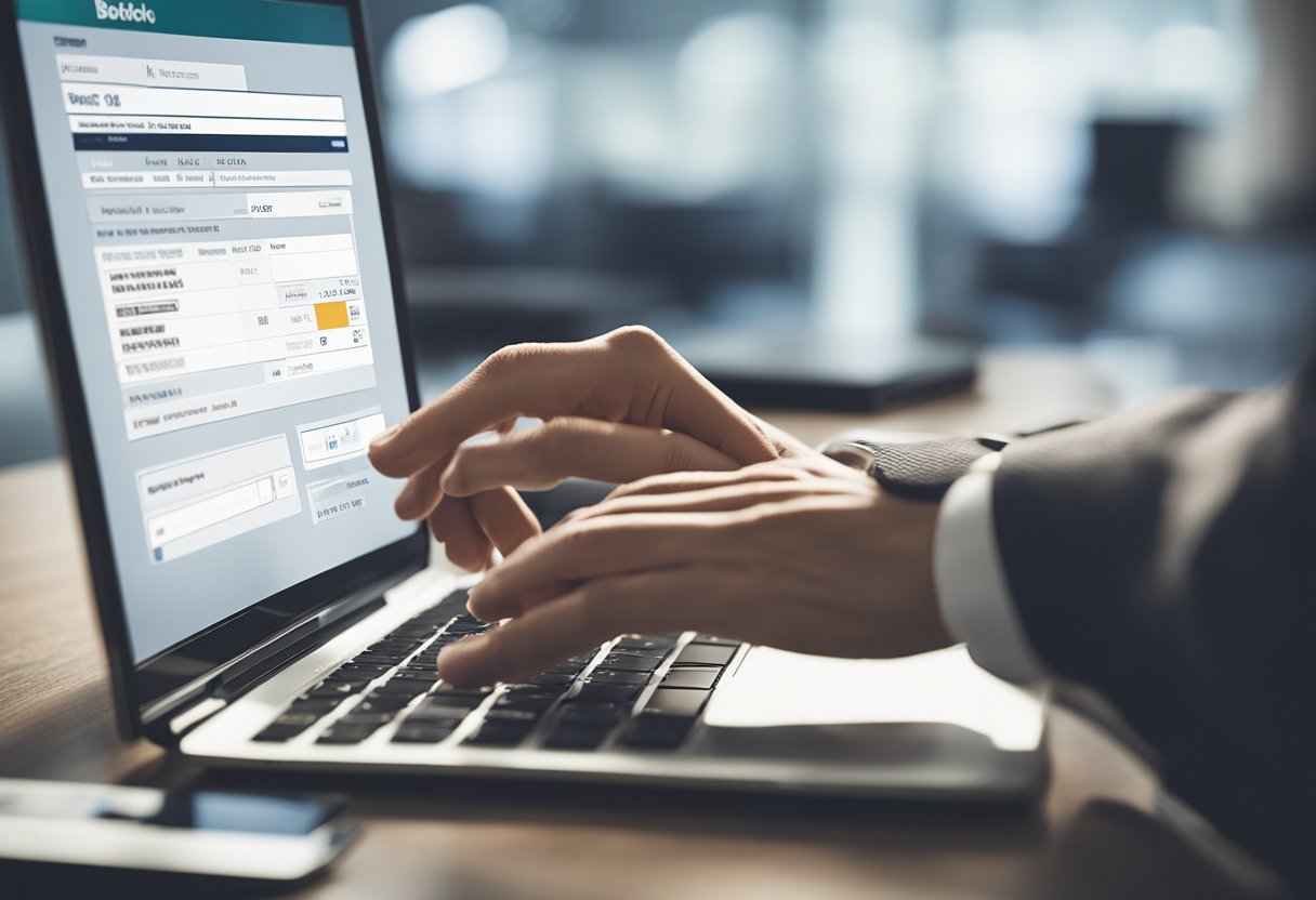 Uma pessoa sentada em um computador, acessando o site do Banco Sofisa, navegando até a seção "Boleto" e preenchendo as informações necessárias para gerar um boleto bancário.