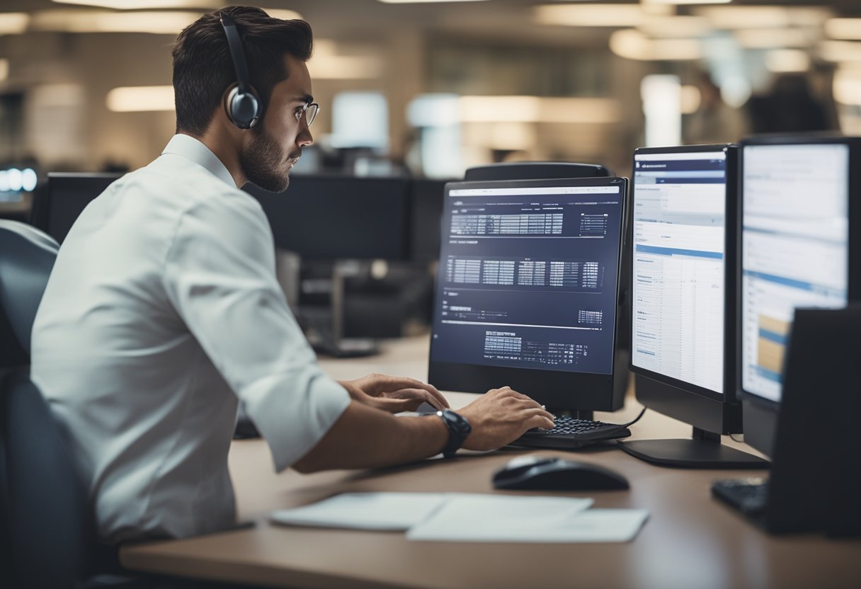 Uma pessoa sentada em uma mesa com um computador, digitando e imprimindo um boleto do Banco Sofisa