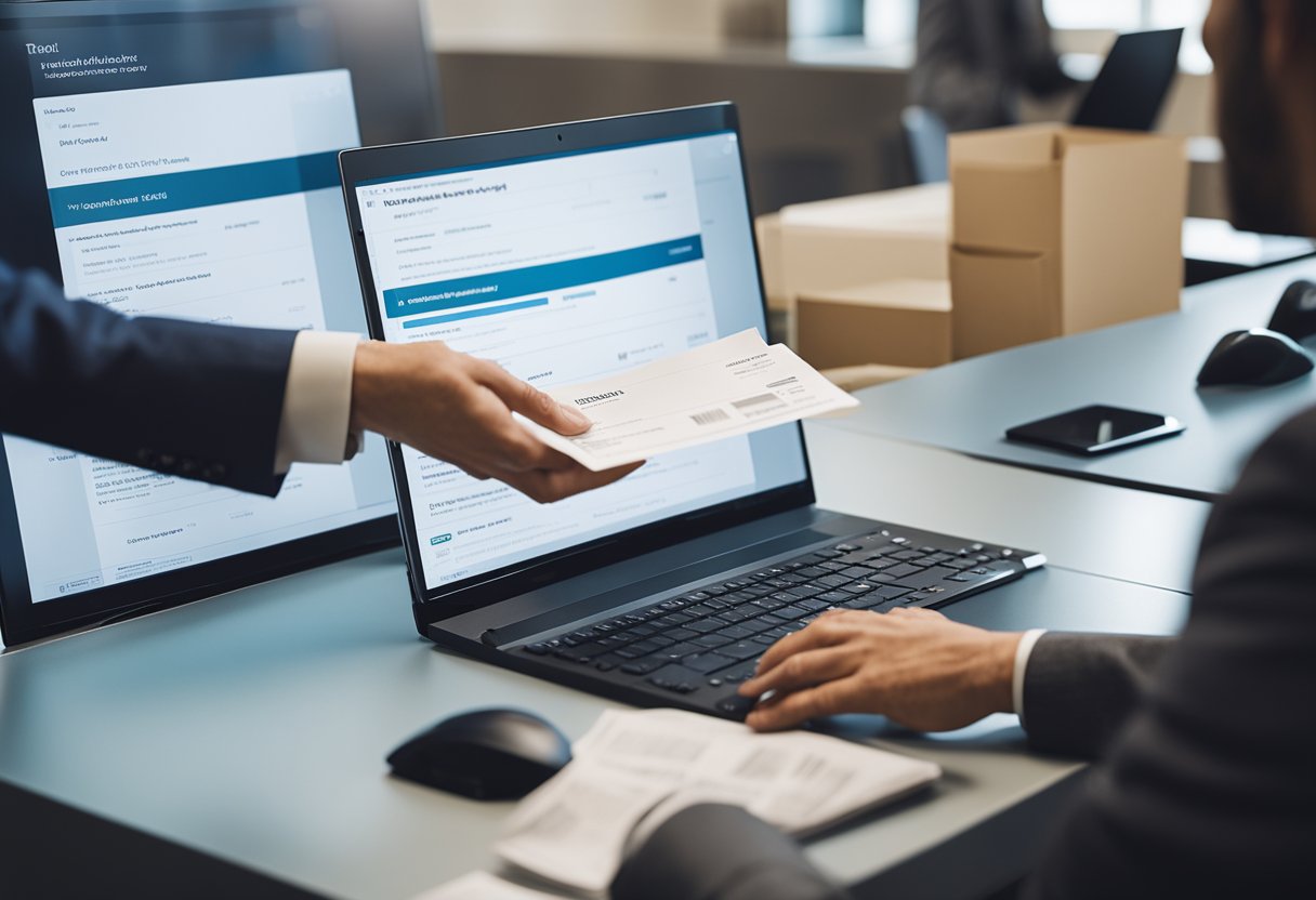 Uma pessoa entregando documentos a um caixa do banco, com uma conta fechada na tela do computador