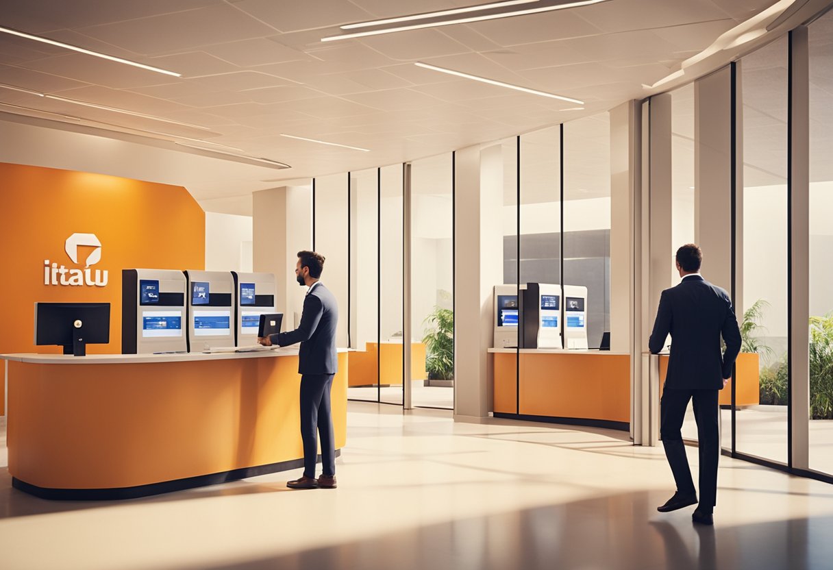 Uma pessoa entrando em uma agência do banco Itaú, conversando com um representante do banco e preenchendo documentos para encerrar sua conta.