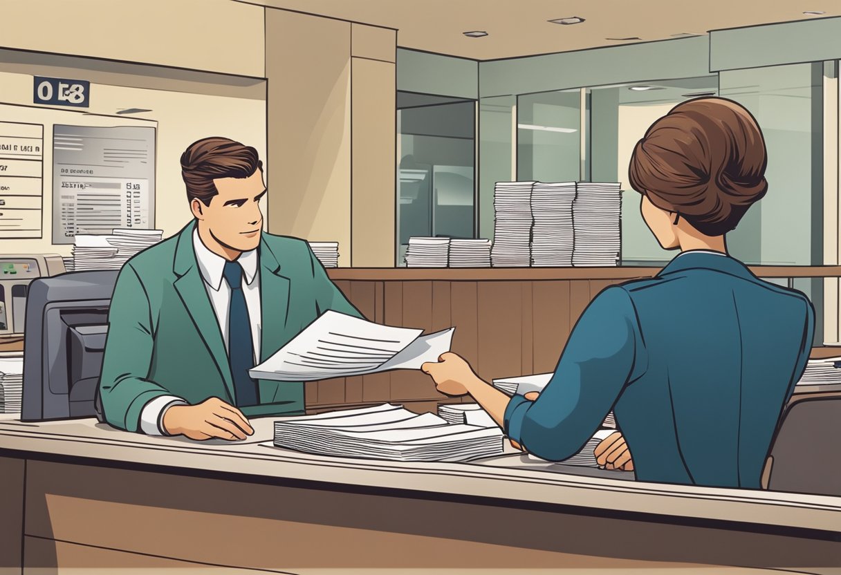 Uma pessoa em um balcão de banco, entregando documentos a um caixa. O caixa está processando a papelada e fechando a conta.