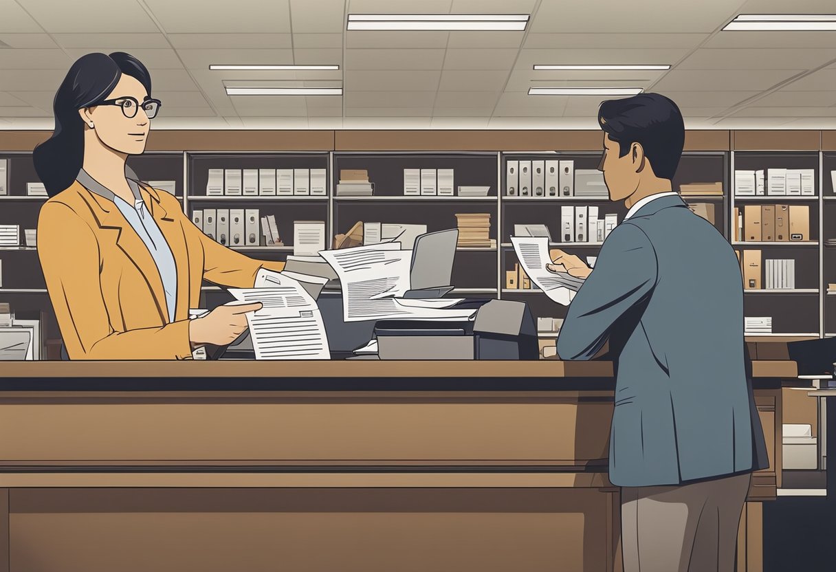 Uma pessoa entregando documentos a um caixa de banco, com uma expressão séria no rosto. O caixa está processando a papelada atrás de uma mesa.