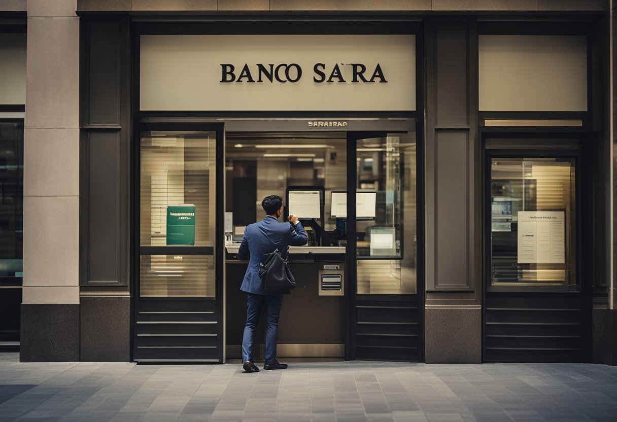 Uma pessoa apresentando documentos através de uma janela de caixa bancário para fechar uma conta no Banco Safra