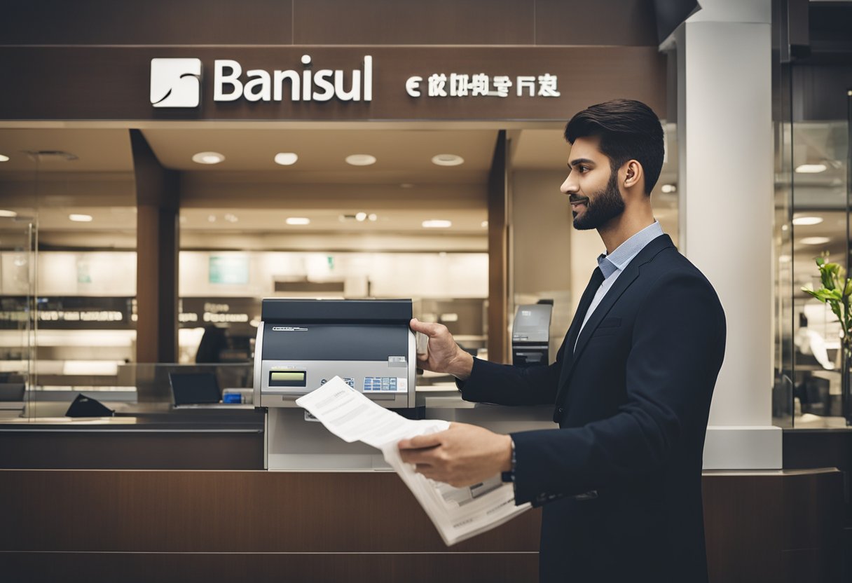 Uma pessoa em pé em frente a uma agência do banco Banrisul, entregando documentos a um caixa, com um extrato de conta fechado na mão.