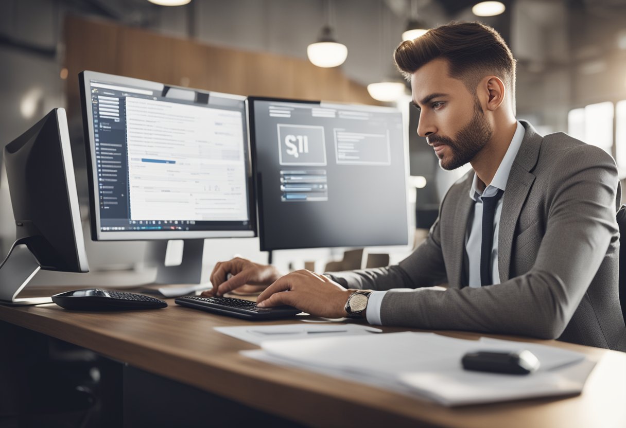 Uma pessoa em uma mesa com um computador, preenchendo documentos, com um logo de banco ao fundo