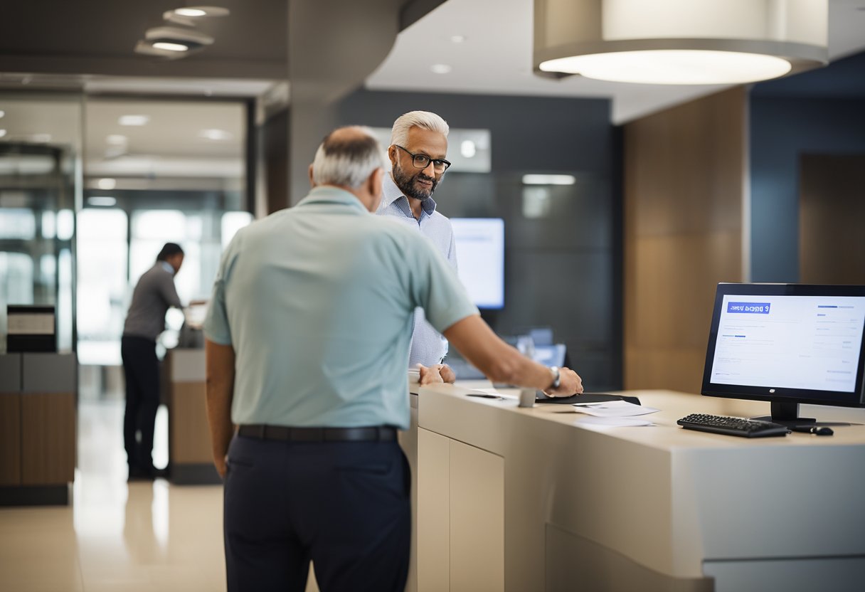 Uma pessoa em pé em uma agência do banco Banrisul, entregando documentos a um caixa, com uma tela de computador mostrando o processo de fechamento de conta.