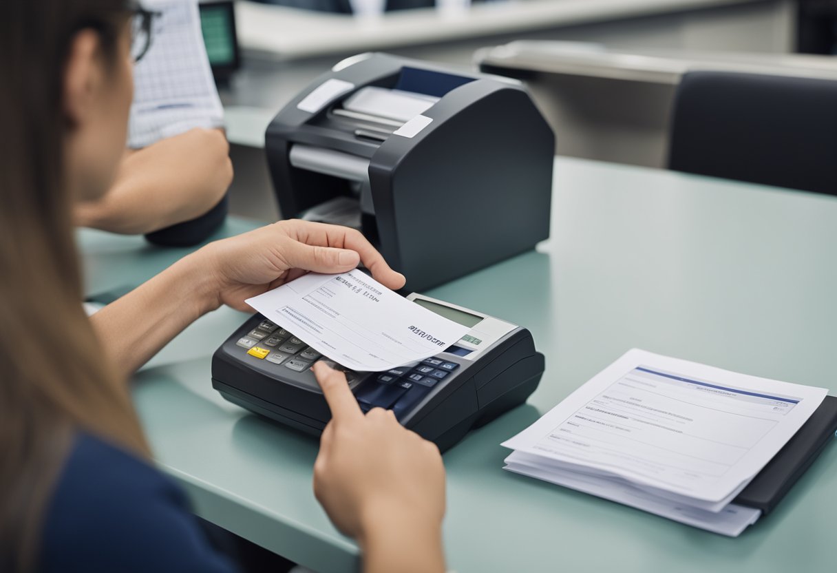 Uma pessoa em um balcão de banco, entregando documentos para fechar uma conta poupança