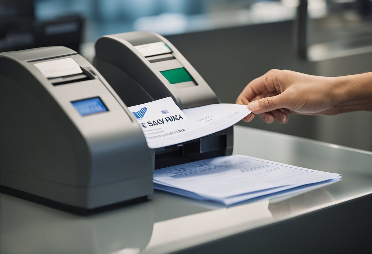 Uma pessoa em pé em um balcão de caixa, entregando documentos para fechar uma conta de poupança na Caixa