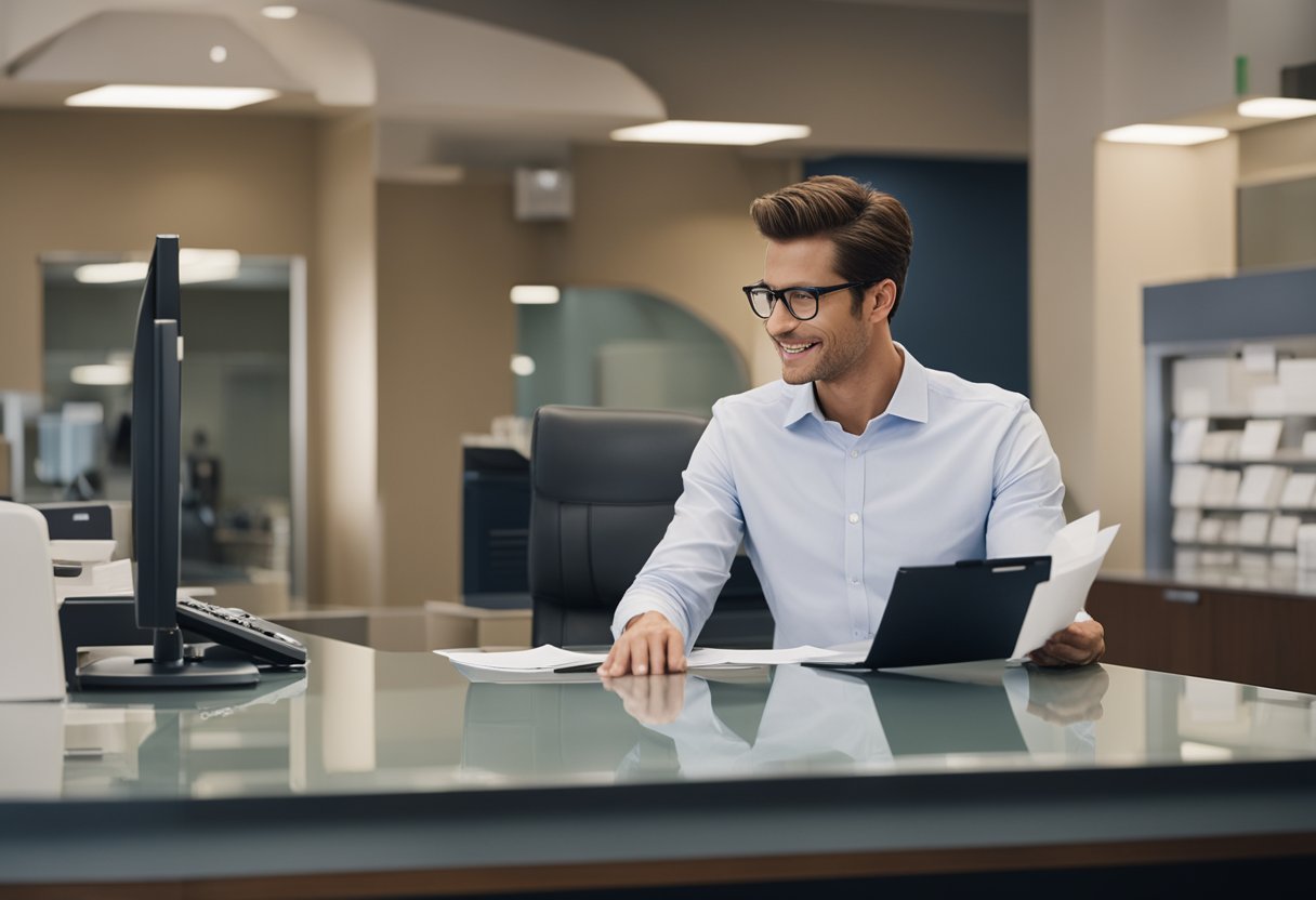 Uma pessoa em pé na mesa de um caixa do banco, entregando documentos e recebendo um extrato final. O caixa está processando a papelada e fechando a conta poupança.