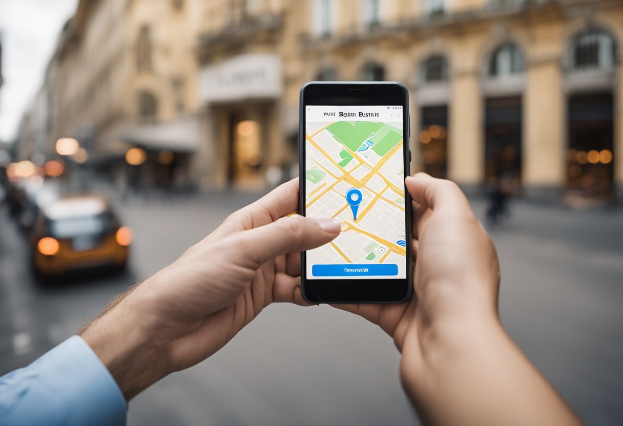 Uma pessoa usando um smartphone para procurar a agência do banco Itaú mais próxima em um aplicativo de mapas