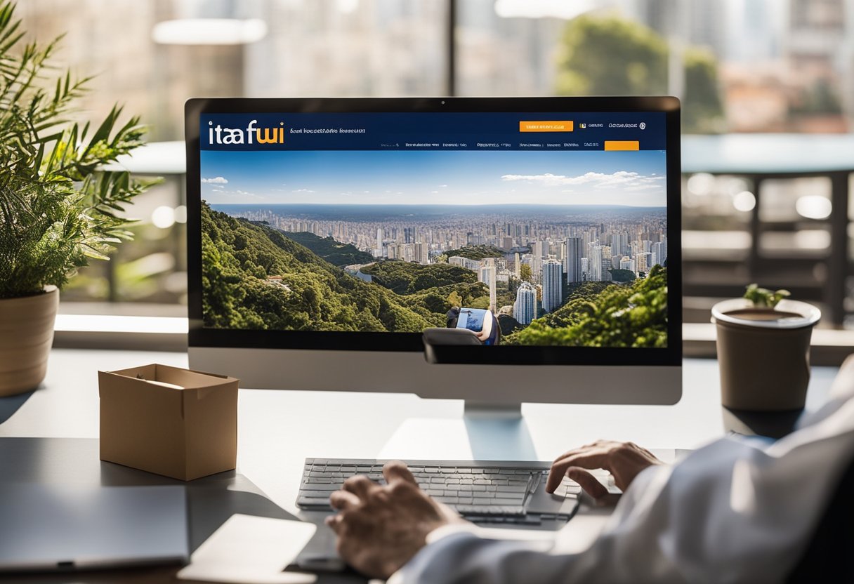 Uma pessoa usando um computador para procurar agências do banco Itaú no site, com um mapa mostrando locais próximos.