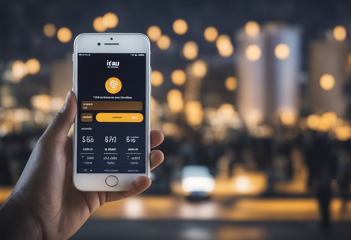 Uma pessoa usando o aplicativo Itaú em um smartphone para localizar a agência Itaú mais próxima.