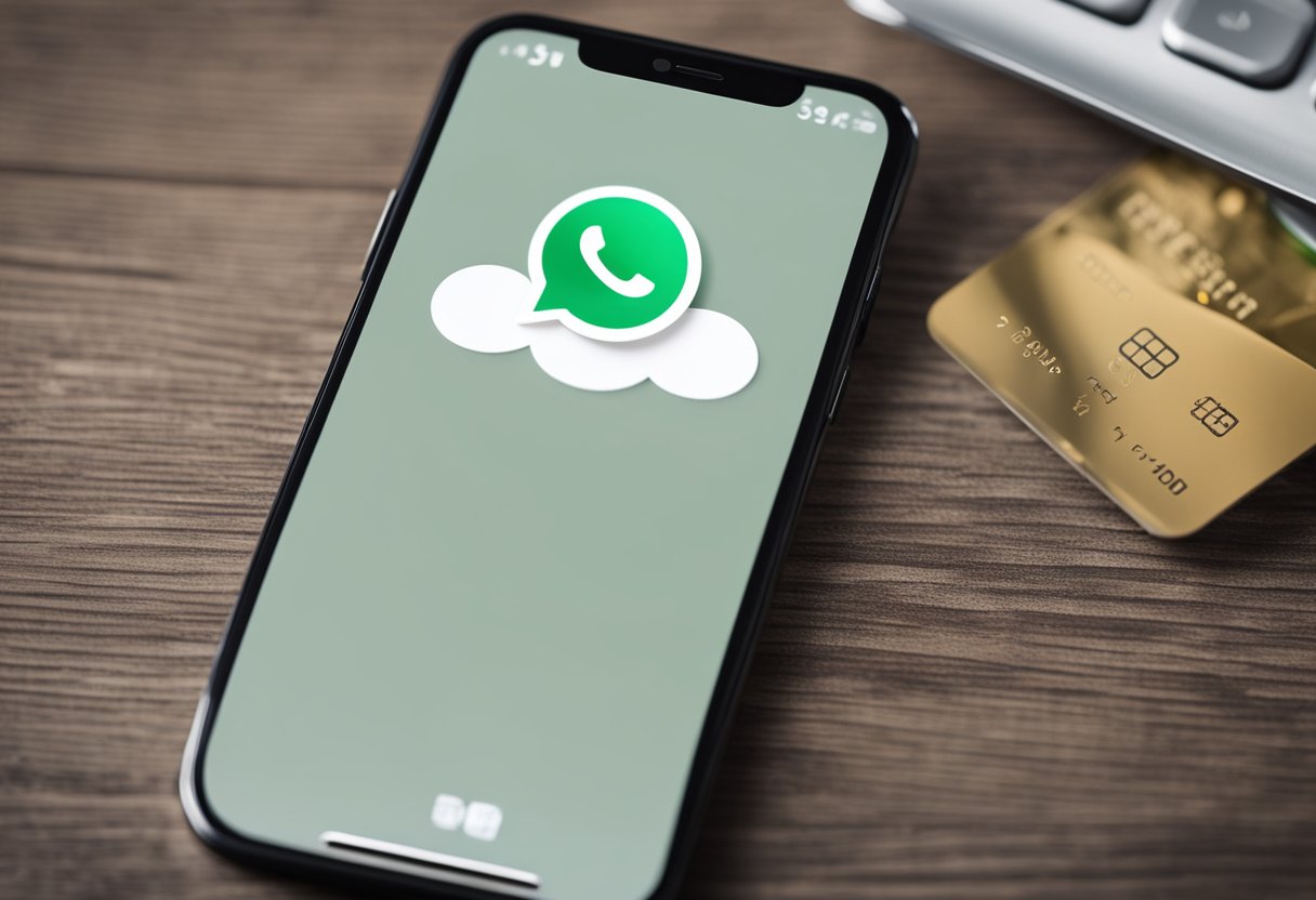 Um smartphone com o aplicativo PicPay aberto, mostrando uma janela de chat com o logo do WhatsApp e uma mensagem sendo digitada