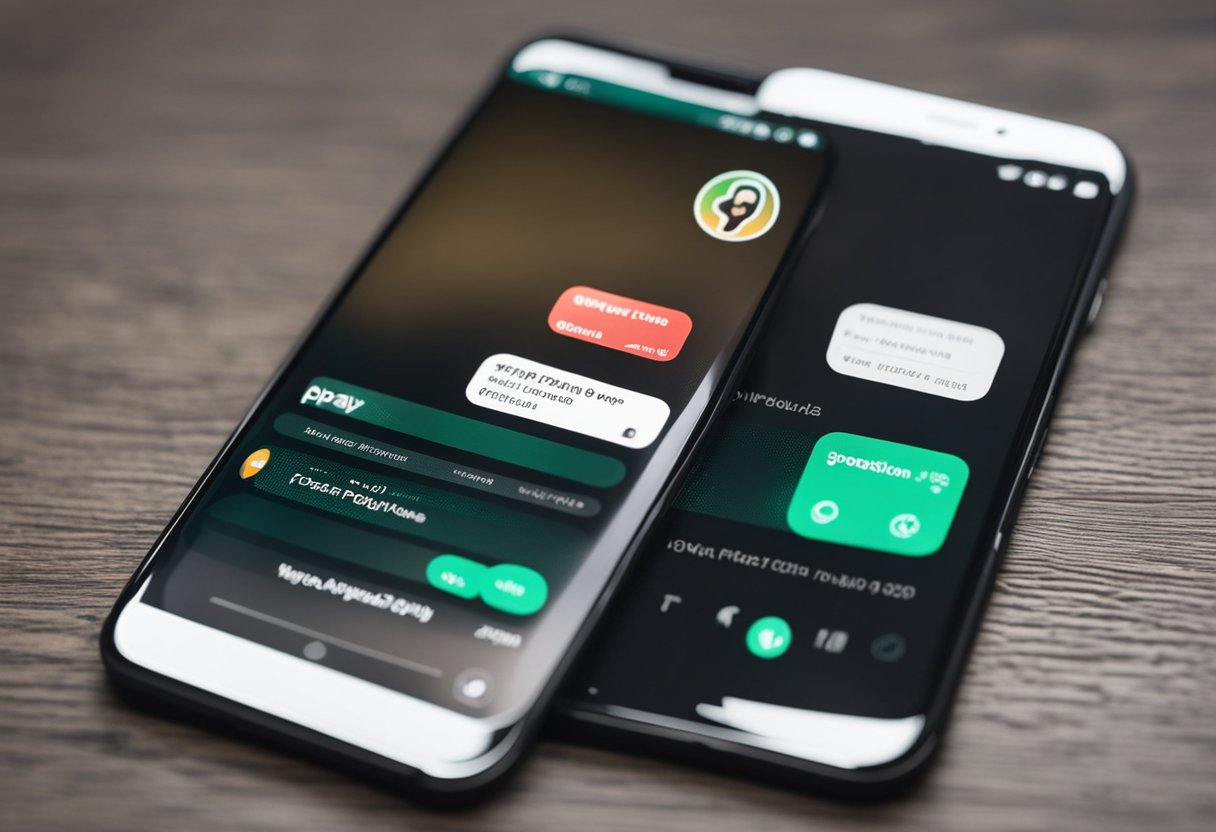 Um smartphone exibindo o aplicativo PicPay aberto com uma janela de chat do WhatsApp aberta, com as informações de contato do PicPay visíveis.