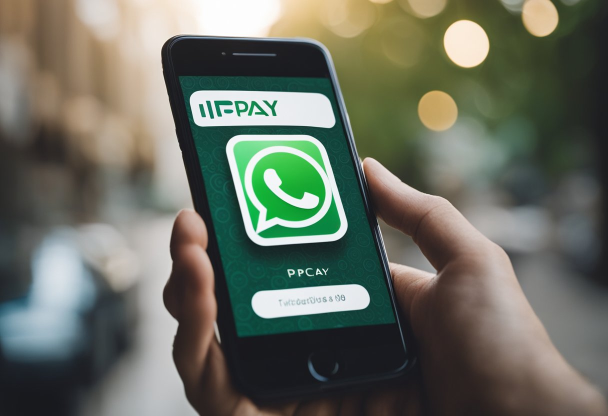 Um smartphone exibindo o logo do PicPay e uma janela de conversa do WhatsApp aberta, com uma mão se estendendo para tocar a tela