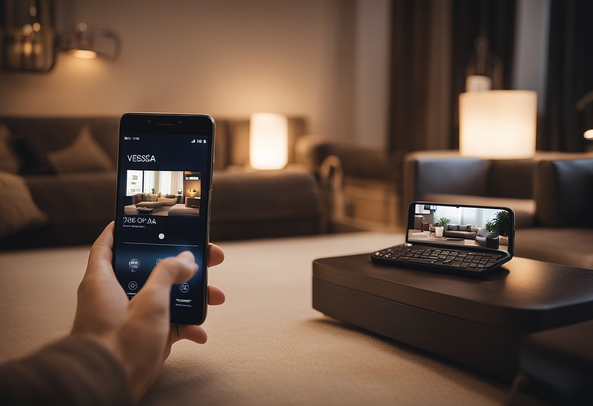 Um telefone com o logo da Vestcasa exibido na tela, cercado por um ambiente aconchegante de sala de estar com um sofá confortável e iluminação suave