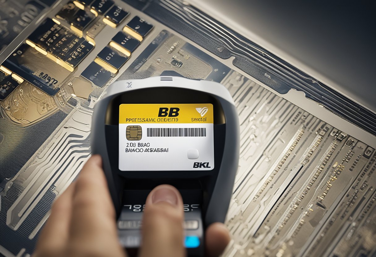 Uma mão segurando um cartão de crédito do Banco do Brasil na frente de um scanner, com um display digital mostrando o processo de digitalização