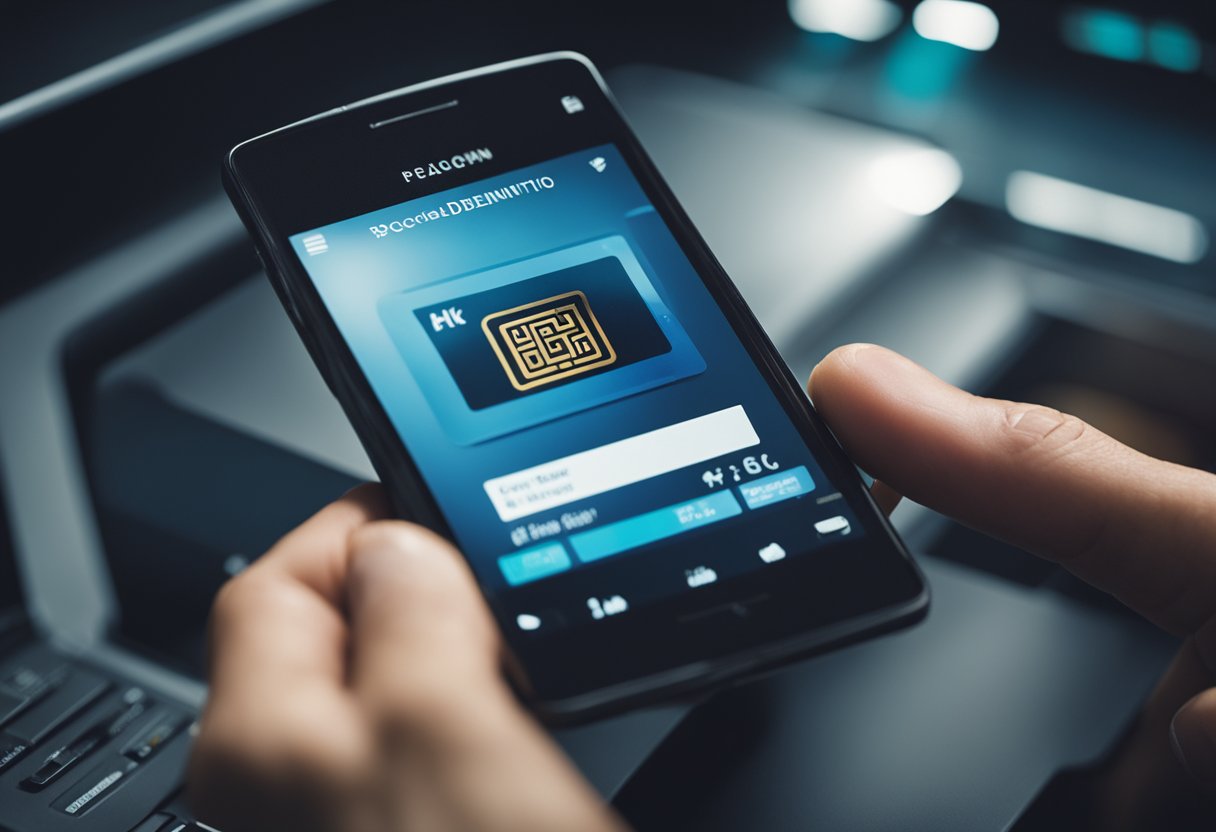 Uma mão segurando um cartão BB na frente de um scanner, com uma tela de computador exibindo o processo de digitalização