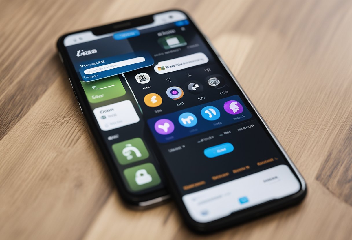 Um smartphone exibindo o aplicativo Caixa Tem com a opção de excluir conta destacada, cercada por pontos de interrogação e confusão.