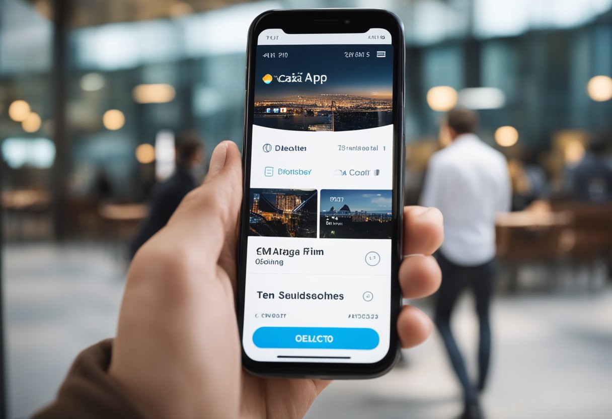 Uma pessoa usando um smartphone para navegar no aplicativo "Caixa Tem", selecionando a opção de excluir sua conta.