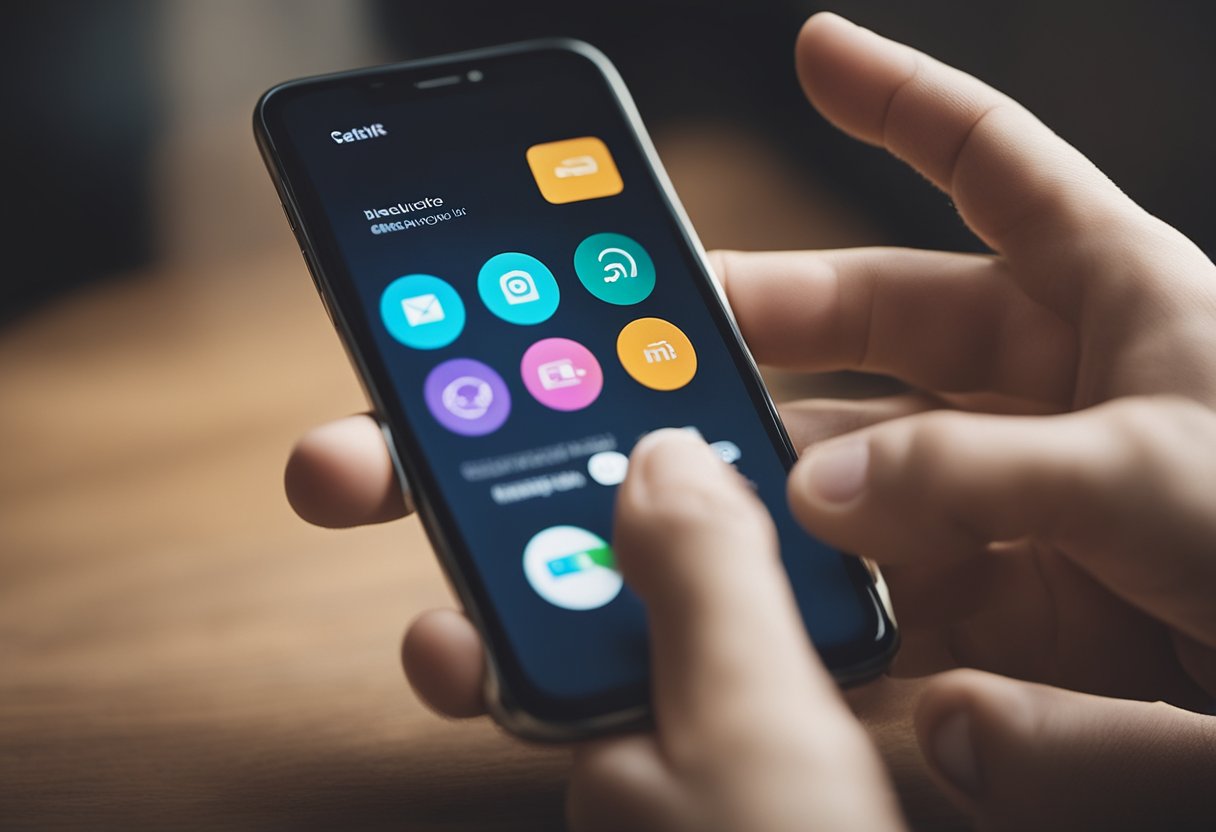 Uma mão se estendendo para um smartphone, tocando no ícone do aplicativo Ame e selecionando a opção para excluir a conta