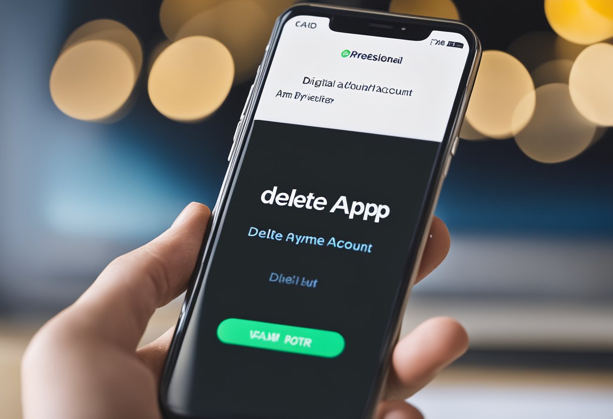 Um smartphone exibindo o aplicativo Ame Digital com um botão de "deletar conta" destacado, cercado por várias opções de pagamento e transferência.