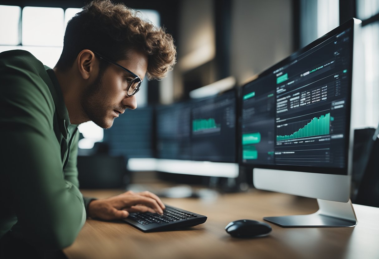 Uma pessoa sentada em um computador, clicando em várias abas e menus no site da bet365, com uma expressão de determinação no rosto.