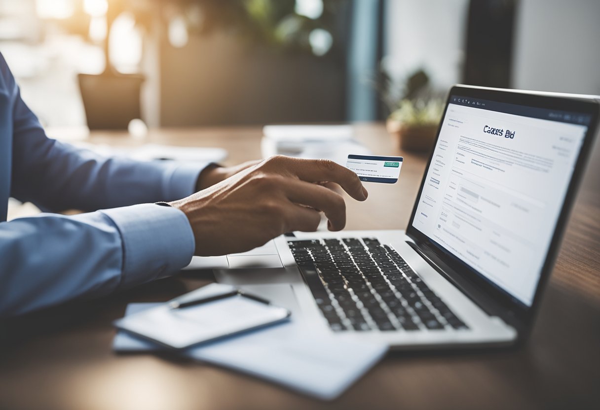 Uma pessoa em um computador, visitando o site das Casas Bahia e preenchendo um formulário de solicitação de cartão de crédito online.