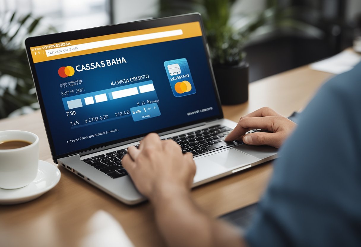 Uma pessoa em um computador preenchendo um formulário online para um cartão de crédito Casas Bahia, com o logo da empresa visível na tela.
