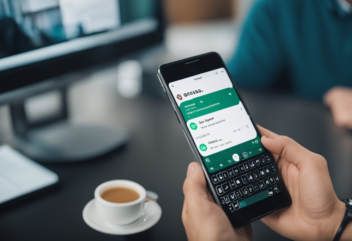 Uma pessoa enviando mensagens a um representante da Serasa no WhatsApp, com um telefone exibindo a conversa do chat e um logo da Serasa visível na tela.